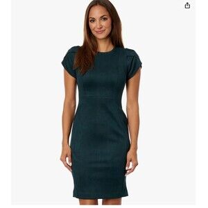 Calvin Klein Tulip Sleeve Sheath Dress Midi Knee Length Green Gold Zip Size 2P